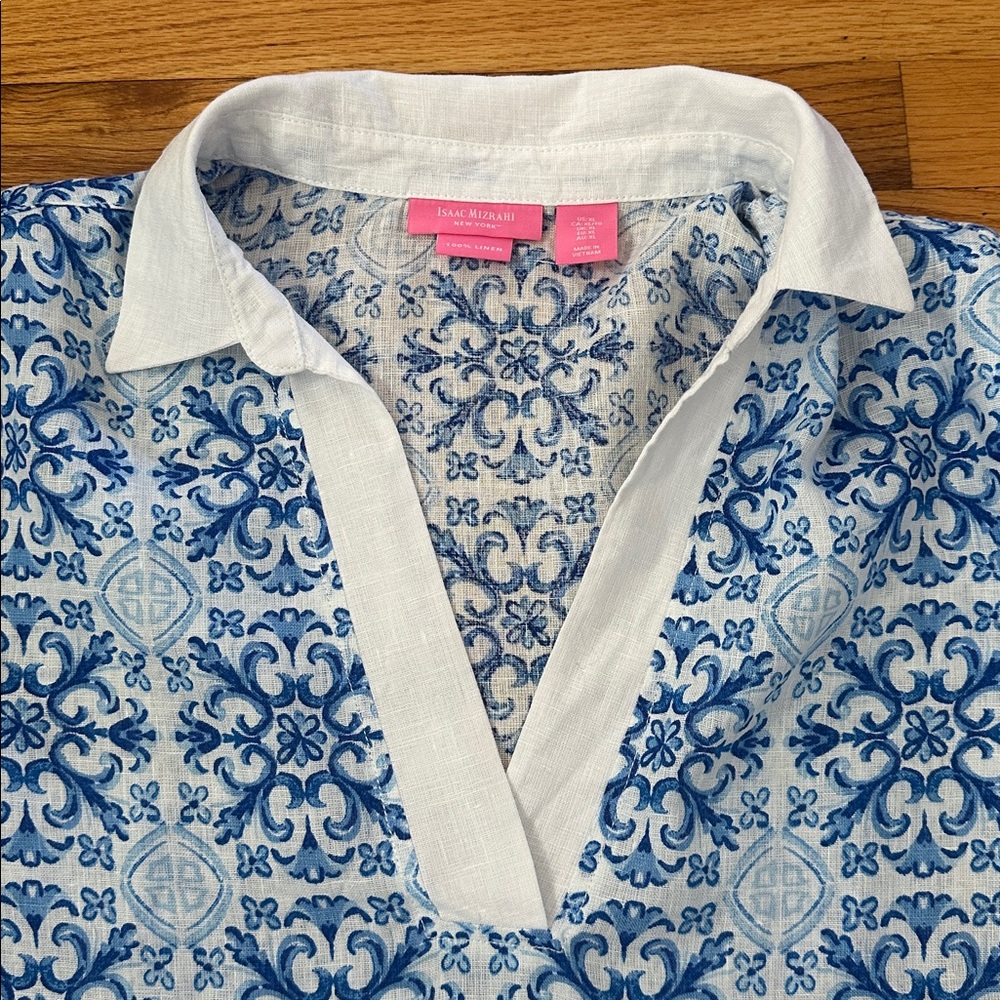 Isaac Mizrahi Blue & White Tile Pattern Linen Tunic Topp Sz XL